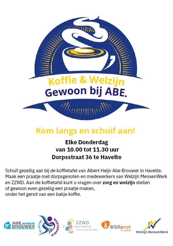 Koffie en Welzijn, elke donderdag bij de Albert Heijn Havelte om 10 uur.